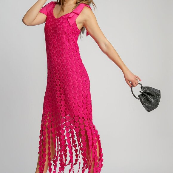NWT Umgee Hot Pink Heart Lace Fringe Maxi Dress With Bow Tie Strap – Romantic Bo - Picture 3 of 4